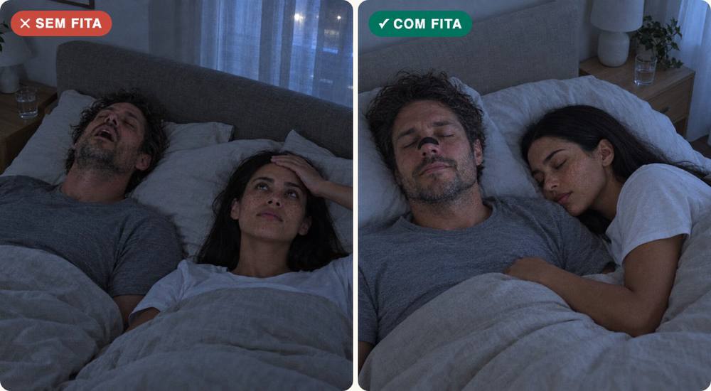 Sem fita: ele ressona e ela está acordada. Com fita: os dois a dormir.