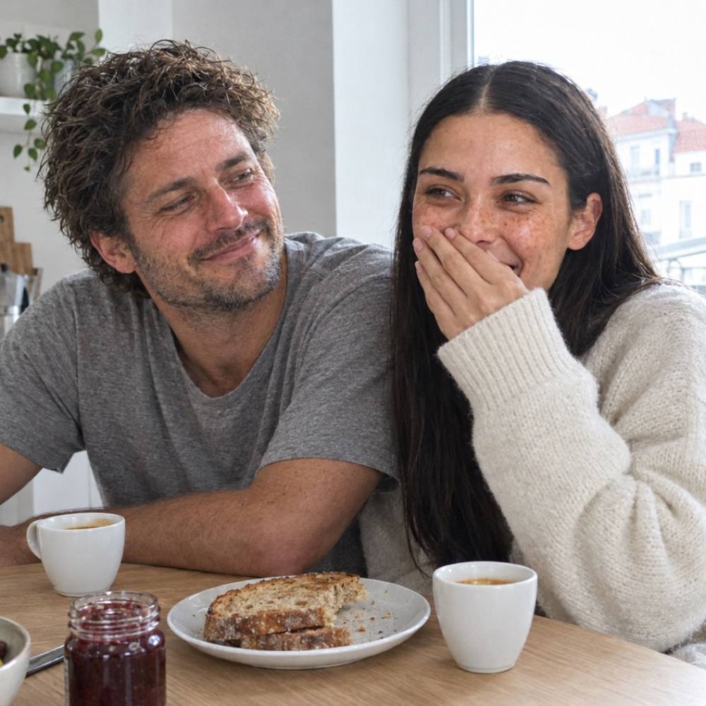 Os dois a rir ao pequeno-almoço, cozinha com luz da manhã.
