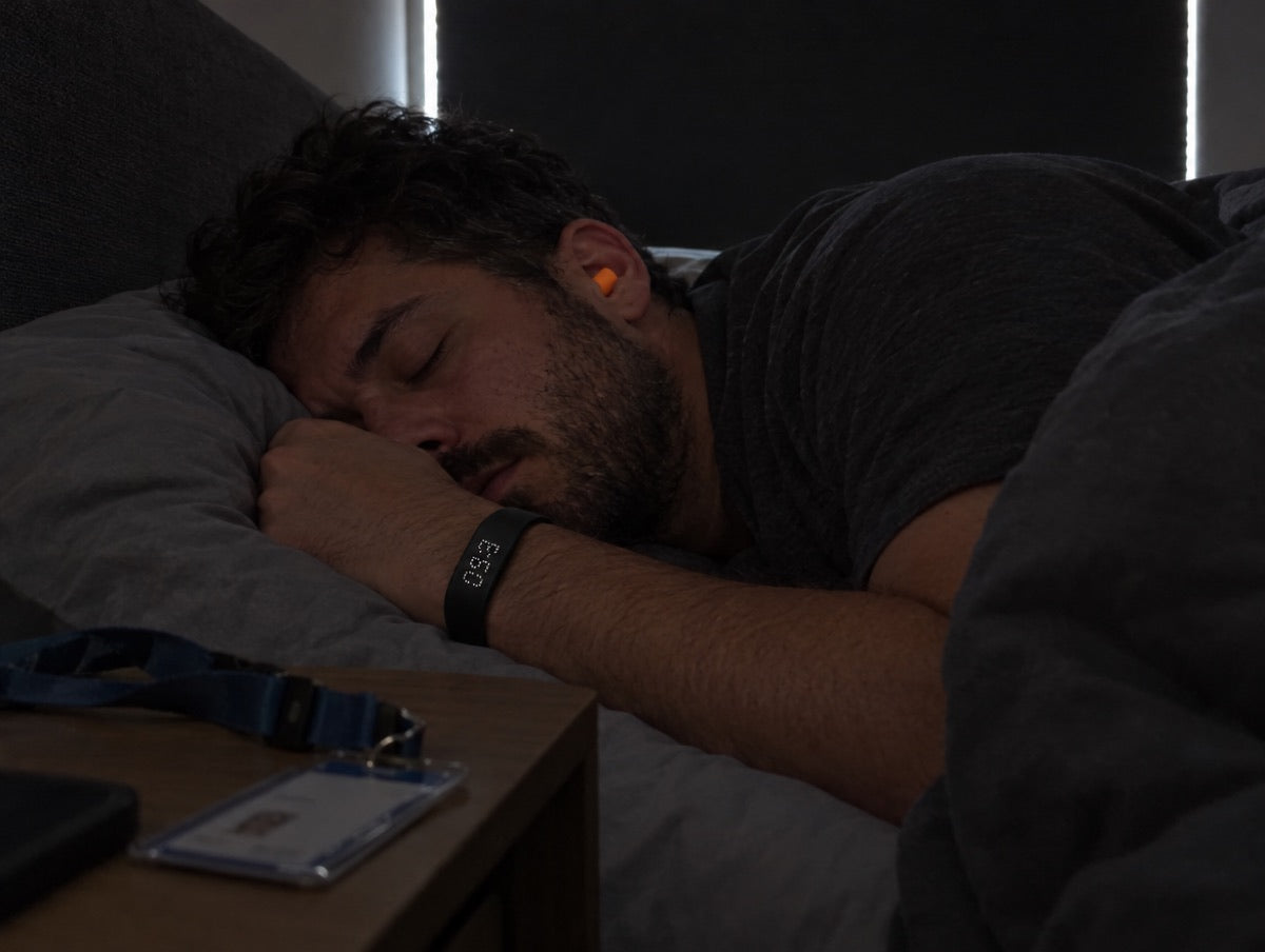 Ele a dormir de dia, com os estores fechados e tampões nos ouvidos, o alarme de pulso no pulso.
