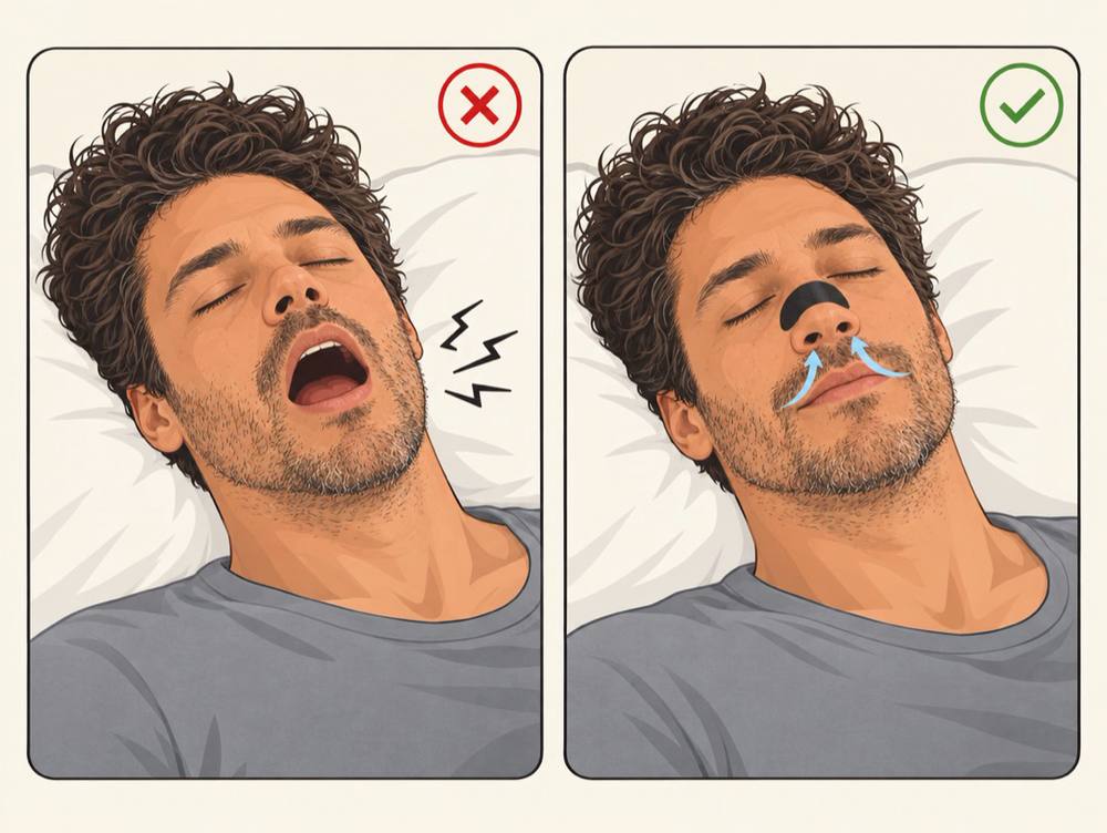 Desenho: sem fita ele ressona de boca aberta; com a fita da Silencio dorme de boca fechada e respira pelo nariz.