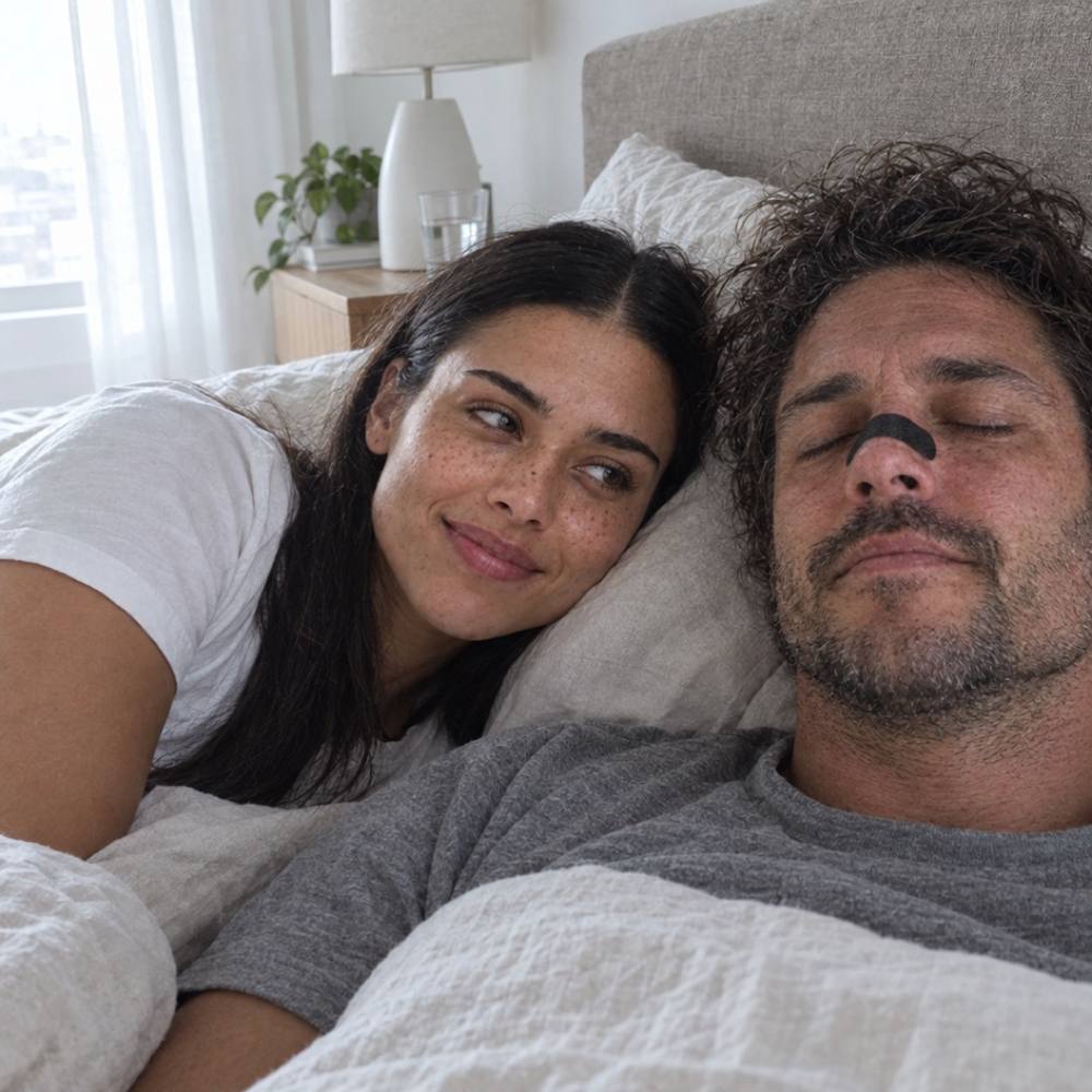 De manhã, ela a olhar para ele com um sorriso; ele ainda a dormir com a fita da Silencio no nariz.