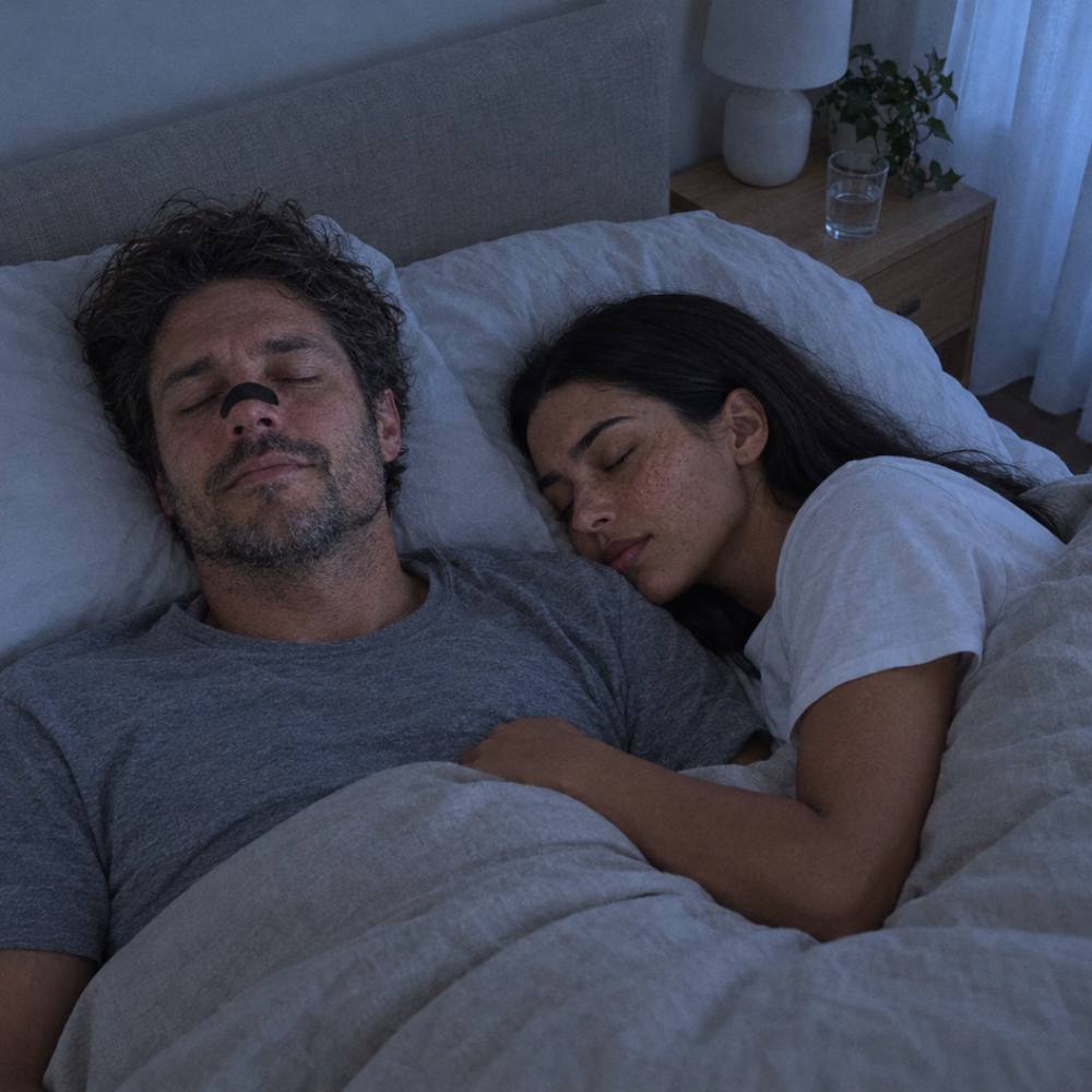Os dois a dormir de noite, ele com a fita preta no nariz e a boca fechada.