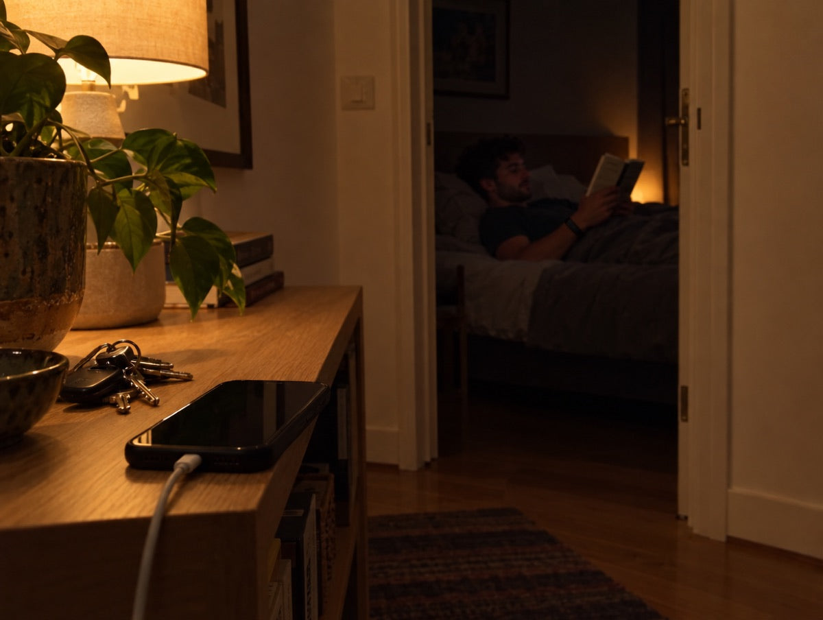 O telemóvel a carregar numa prateleira da sala; ao fundo, ele na cama a ler um livro.